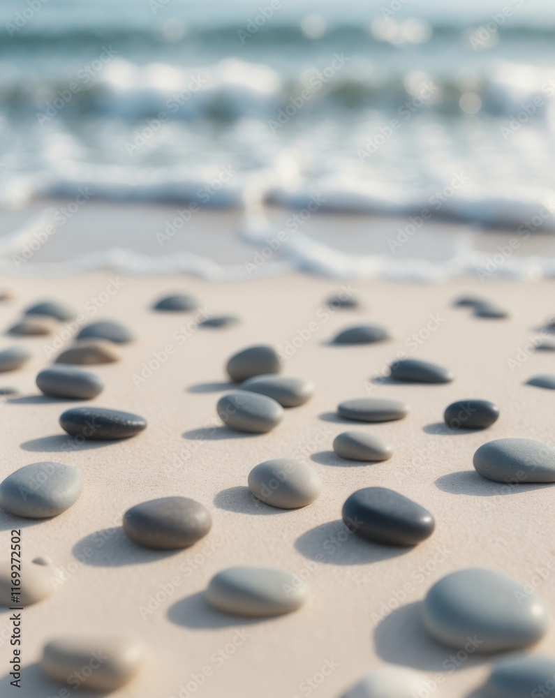 Smooth Pebbles on Soft Sand with Gentle Waves in Background. Smooth Pebbles on Soft Sand with Gentle Waves in Background.