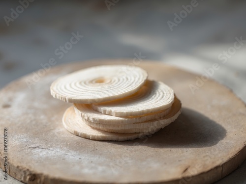 Close up sliced Arrowroot on wooden board.