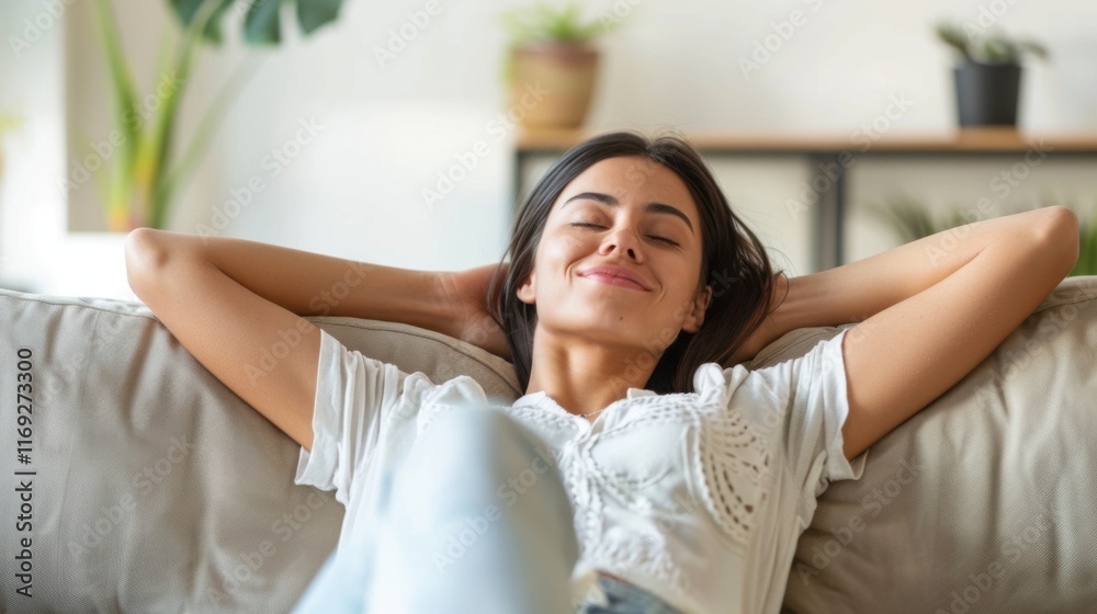 Smiling barefoot woman resting on comfortable couch at home alone, happy beautiful young female with closed eyes stretching, daydreaming or taking day nap, enjoying leisure time, no stress concept