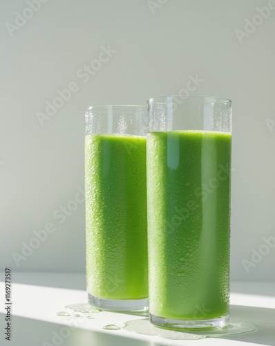 Two glasses of vibrant green pear smoothies. photo