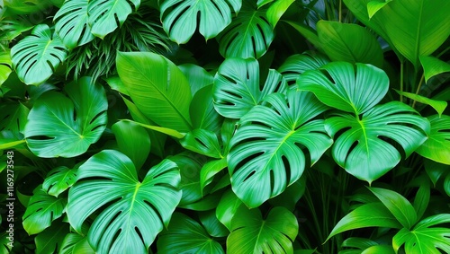 Lush Green Tropical Foliage Abundant Leaves Background photo