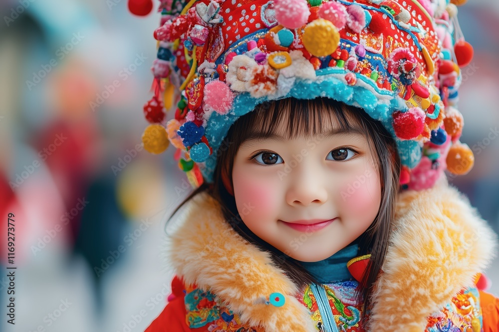 Young child in colorful traditional Chinese attire during cultural celebration