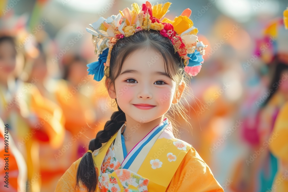 Young girl in traditional outfit smiles during local cultural festival celebration Young girl in traditional outfit smiles during local cultural festival celebration