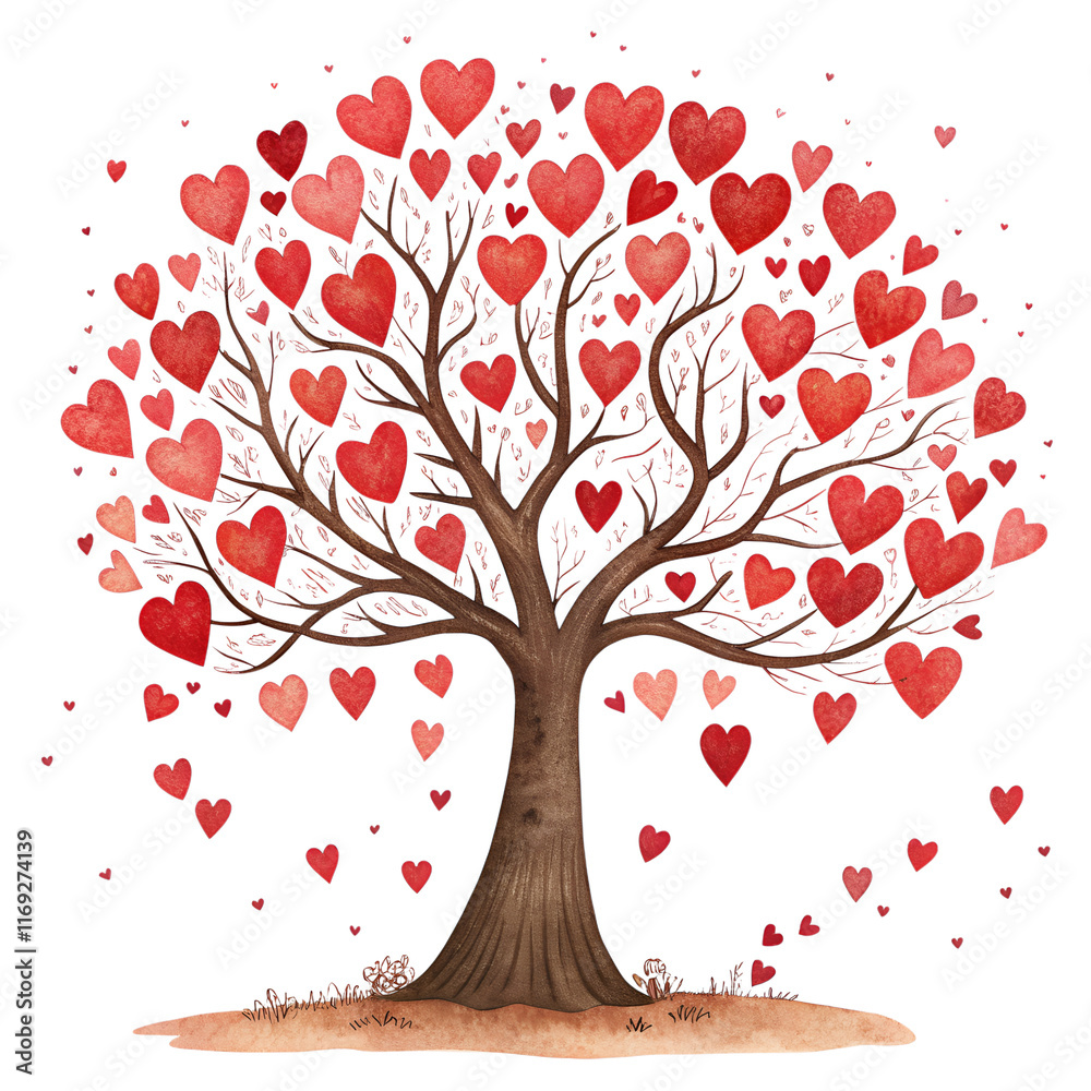 Fototapeta premium Romantic Heart Tree with Falling Leaves - Whimsical tree adorned with red heart-shaped leaves and delicate branches, surrounded by falling hearts, on a black background.