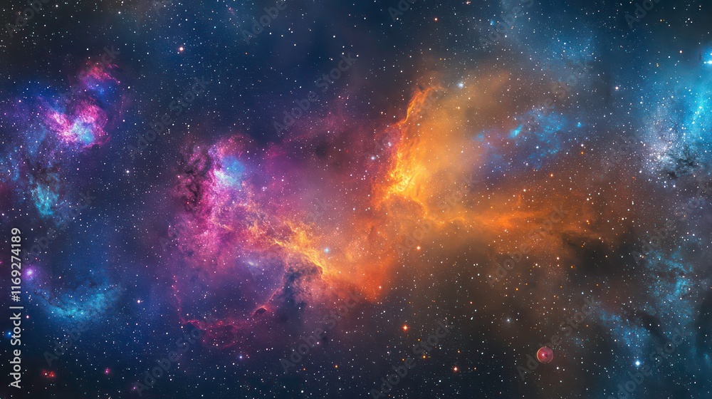 Naklejka premium Panoramic banner with Bright star illuminates the outer rim of a spiral galaxy creating a breathtaking cosmic scene filled with vibrant colors and sense of awe and wonder astrophysics and astronomy