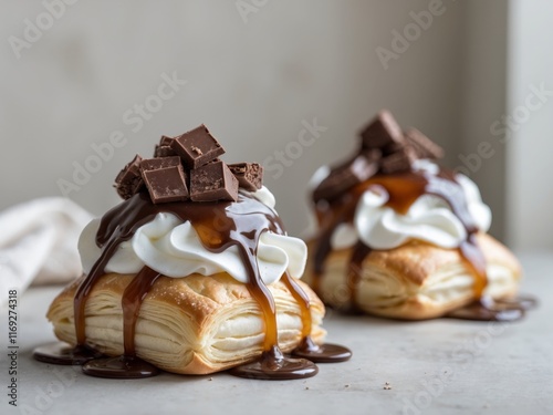 Two delicious puff pastries filled with whipped cream and topped with dripping chocolate and caramel. photo