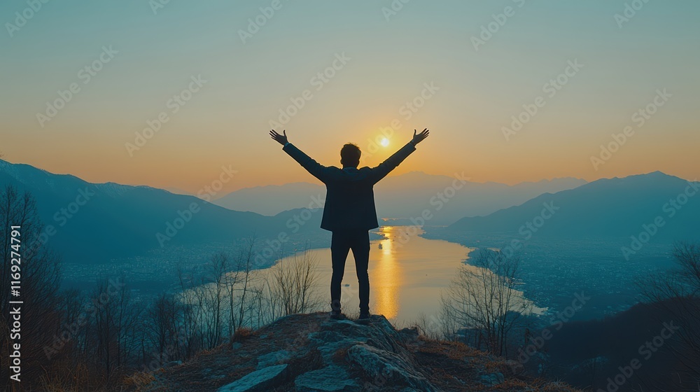 a business man standing at the top of mountain. The business man has his arms raised. man is a silhouette. The sun is rising in the background. The background has many mountains and bodies of water. a business man standing at the top of mountain. The business man has his arms raised. man is a silhouette. The sun is rising in the background. The background has many mountains and bodies of water.