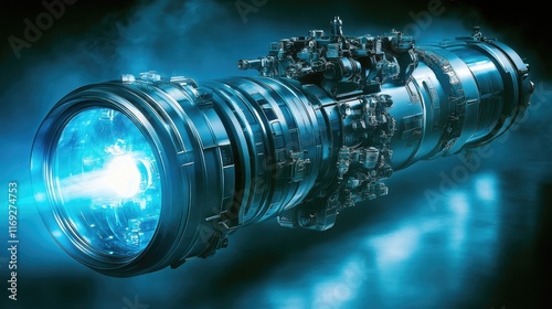 A powerful futuristic engine emits a bright blue beam of energy. Ideal for sci-fi games or visual effects depicting advanced propulsion systems.