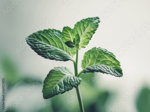 Fresh green mint leaf with rough texture. photo