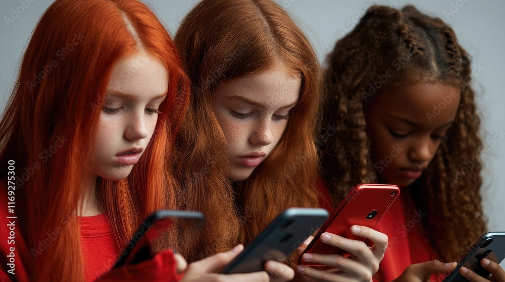 Three girls engrossed in their smartphones. A modern depiction of youth and technology. Ideal for discussions on digital engagement, screen time, and social media. Three girls engrossed in their smartphones. A modern depiction of youth and technology. Ideal for discussions on digital engagement, screen time, and social media.