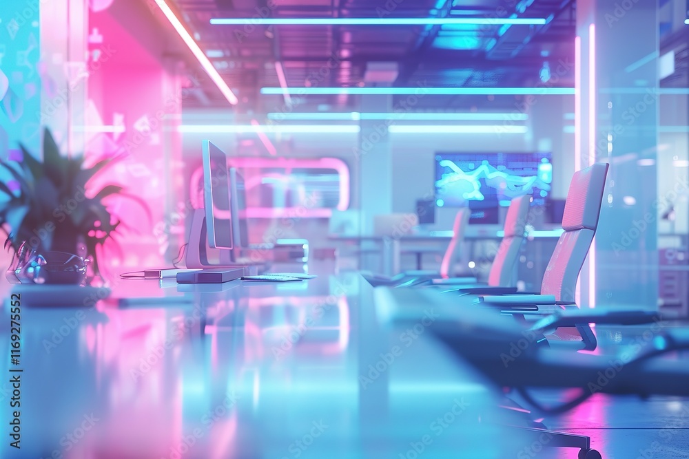 Modern office with neon lights and computers. Modern office with neon lights and computers.