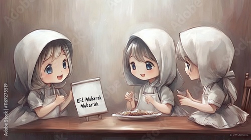 Three adorable anime girls in bonnets celebrate Eid Mubarak with a festive meal. Ideal for Eid greetings or culturally themed projects. photo