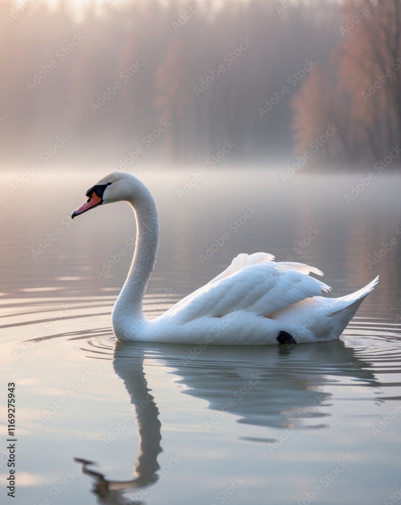 Fototapeta premium White swan gliding on still lake with pastel reflections and morning light.