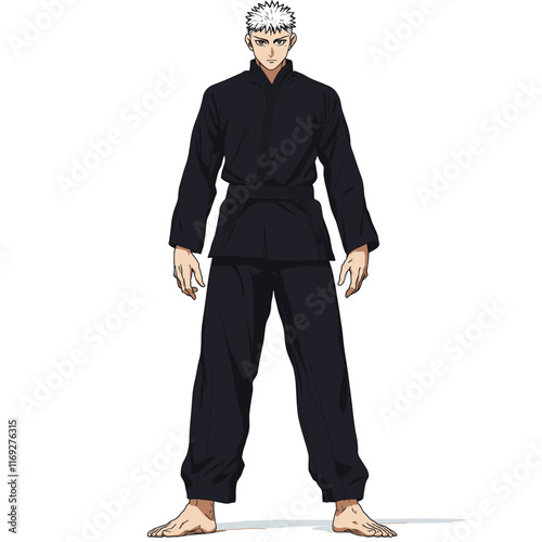 Martial artist in a dark gi, fists clenched.