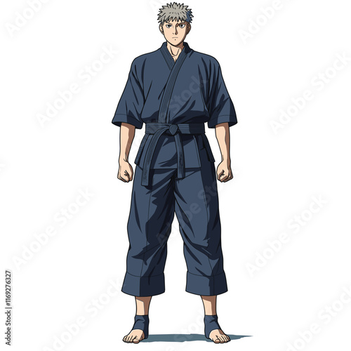 Martial artist in a dark gi, fists clenched.