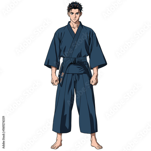 Martial artist in a dark gi, fists clenched.