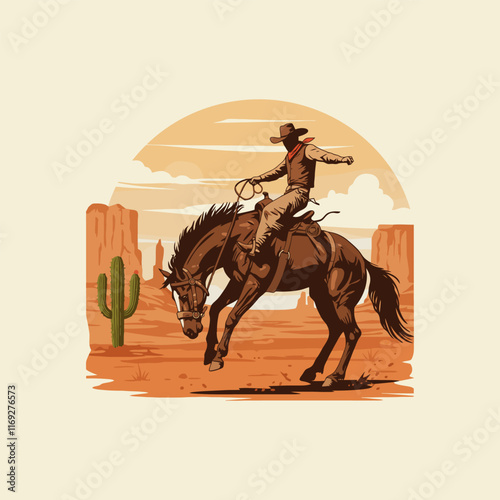 A cowboy bravely rides a bucking bronco amidst a stunning desert sunset landscape of the American West.