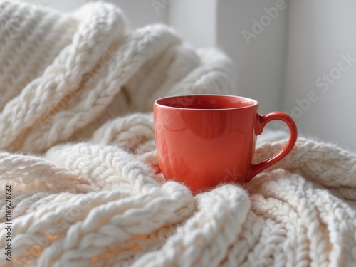 Cozy red cup on a soft white knitted blanket creating a warm and inviting home atmosphere photo