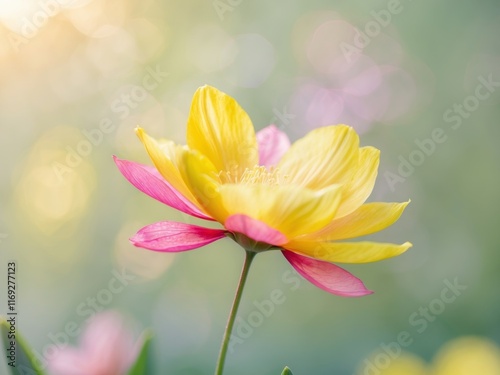 Bright Yellow and Pink Flower Blooming in Soft Natural Light with Blurred Background. photo