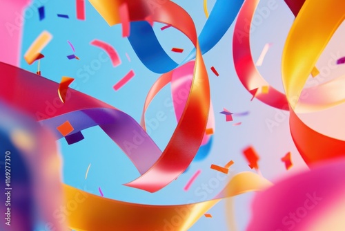 Colorful ribbons and confetti create a lively atmosphere for a cheerful sale event in a vibrant setting filled with bright tones