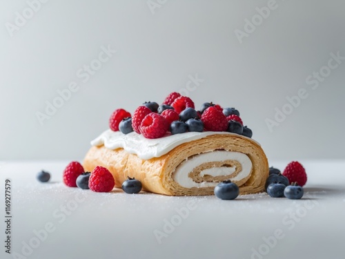 cream roll with raspberries and blueberries. photo