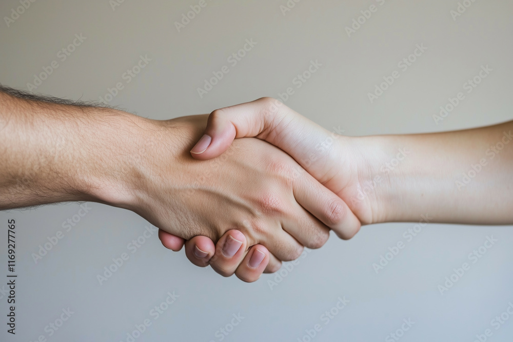 Two co-workers of different races in formal attire shake hands after reaching an agreement in a discussion. Minimalist office atmosphere with golden hour ambience Two co-workers of different races in formal attire shake hands after reaching an agreement in a discussion. Minimalist office atmosphere with golden hour ambience