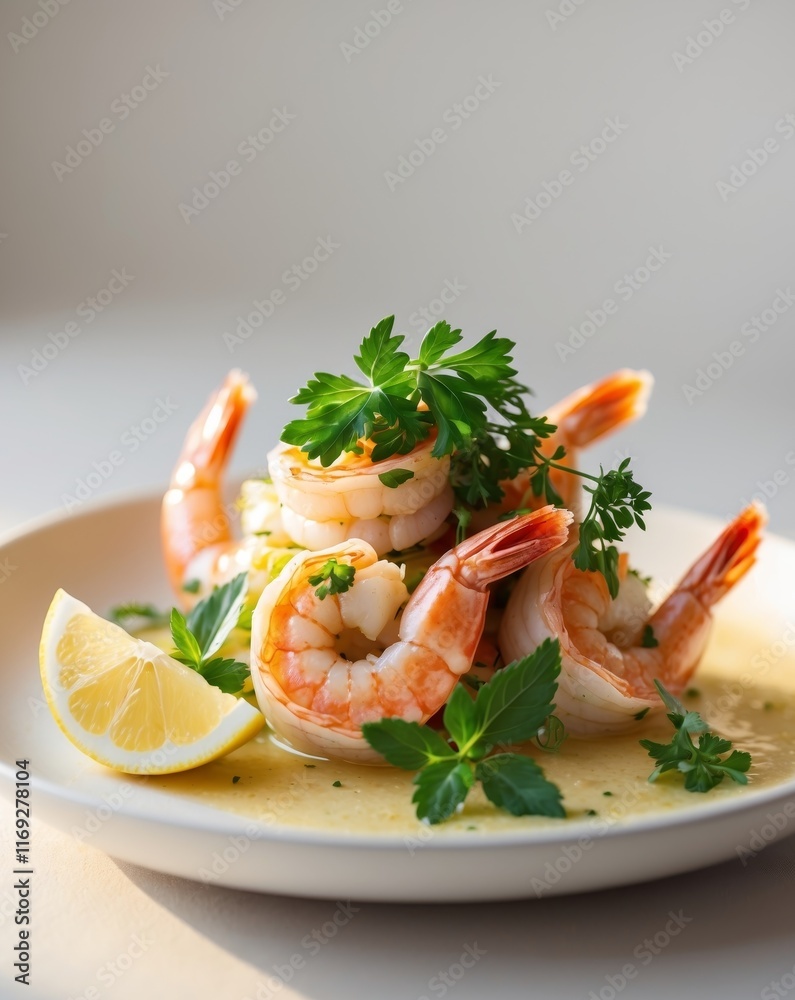 Garlic butter shrimp with herbs and lemon on a white plate Garlic butter shrimp with herbs and lemon on a white plate