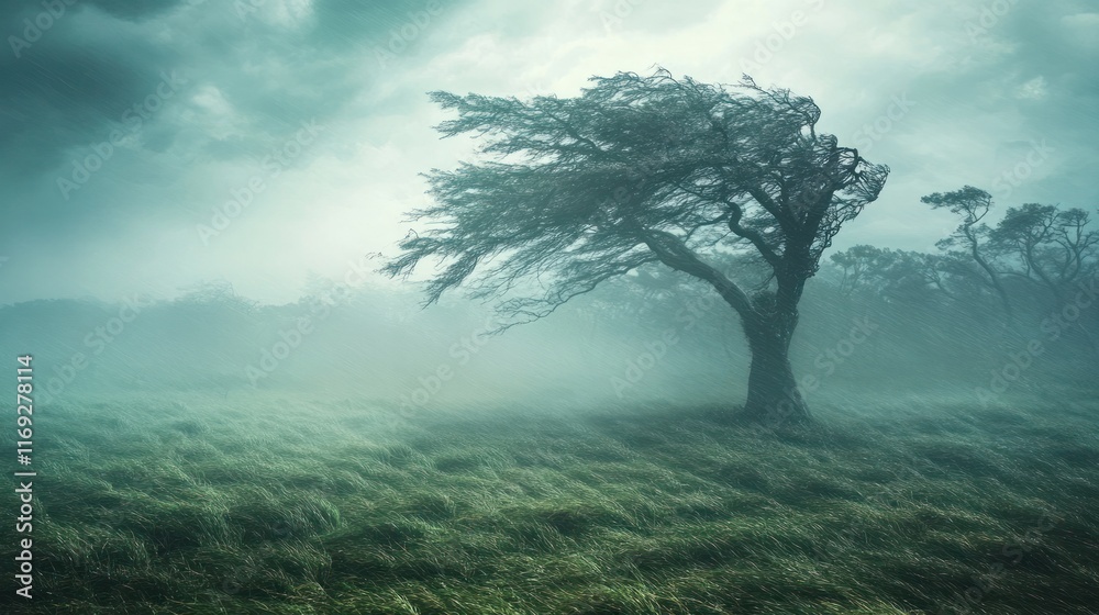 Obraz premium Solitary tree standing tall and resilient amidst the swirling winds and ominous clouds of a dramatic stormy countryside landscape The eerie ethereal scene evokes a sense of solitude wonder