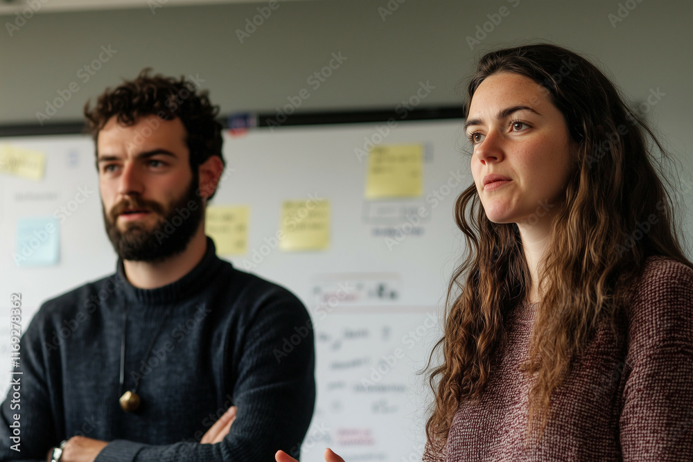 Two male and female co-workers are having a serious discussion in front of a whiteboard Two male and female co-workers are having a serious discussion in front of a whiteboard