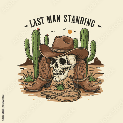 A skull wearing a cowboy hat and boots sits in a desert scene with cacti and a lasso.