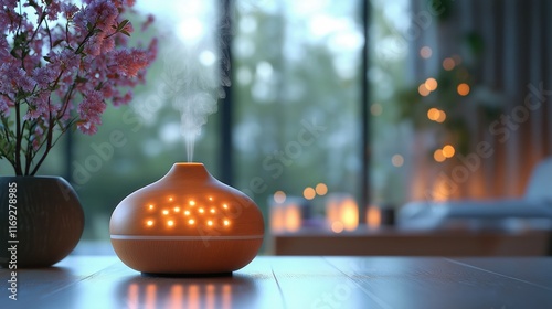 Electric diffuser spreading aromatic vapor in a well-lit room with a blurred background