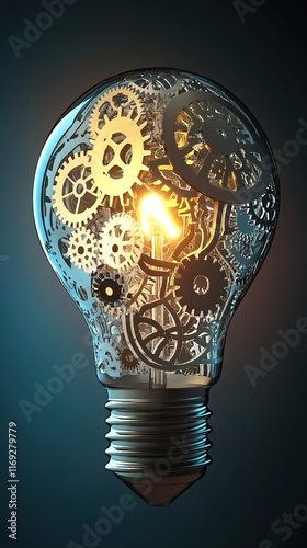 A conceptual image of a lightbulb made up of interconnected gears and circuits, symbolizing innovative ideas and technology. The lightbulb emits a soft glow against a dark gradient background.