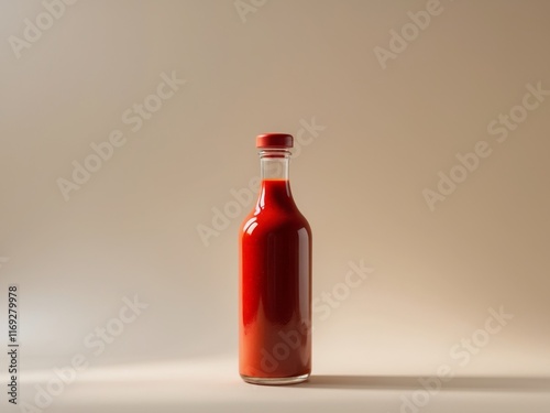 Bottle of red sauce placed on a neutral background with a smooth finish photo