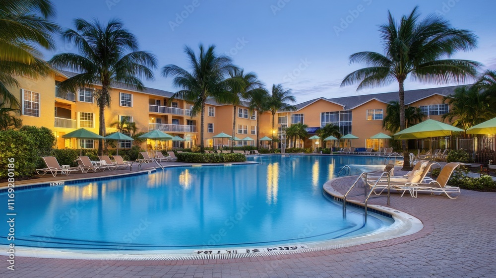 Serene Resort Pool with Lounge Chairs and Tropical Palm Trees at Dusk Serene Resort Pool with Lounge Chairs and Tropical Palm Trees at Dusk