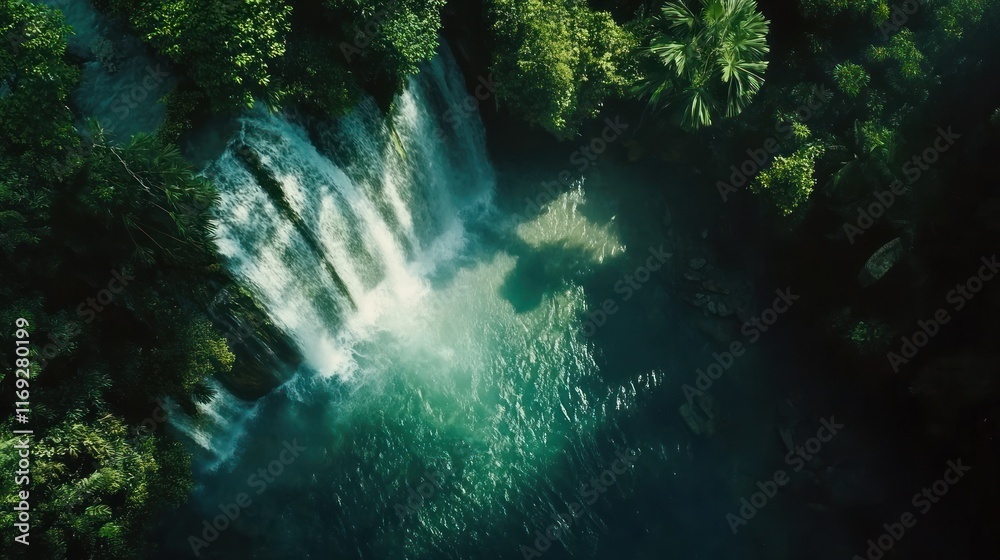 Obraz premium Aerial view of a serene waterfall in lush forest.