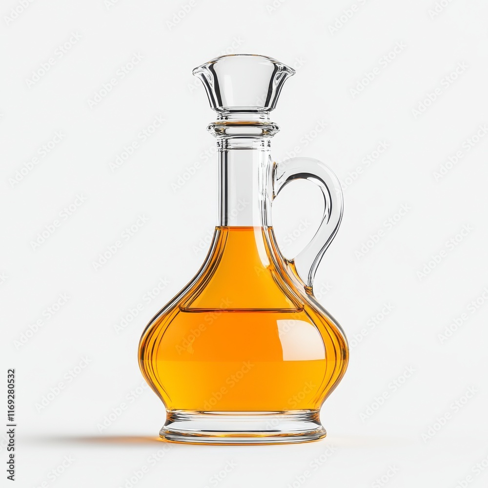 Elegant Glass Decanter Filled with Golden Oil on White Background Elegant Glass Decanter Filled with Golden Oil on White Background