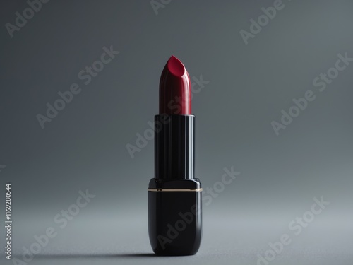 Elegant Dark Red Lipstick on Gray Background. photo