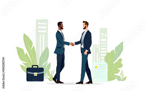 Partnership Concept. Financing of creative projects. Handshake of two businessmen. Agreement of the parties. With Building Background. Signing of documents. Business team. Vector illustration. 
