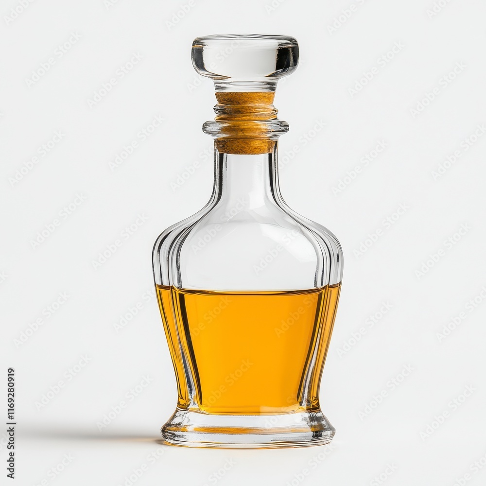 Elegant Glass Bottle with Amber Liquid on White Background Elegant Glass Bottle with Amber Liquid on White Background