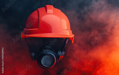 A bright orange helmet with a gas mask is set against a smoky, dramatic background, symbolizing safety and protection in hazardous environments. photo