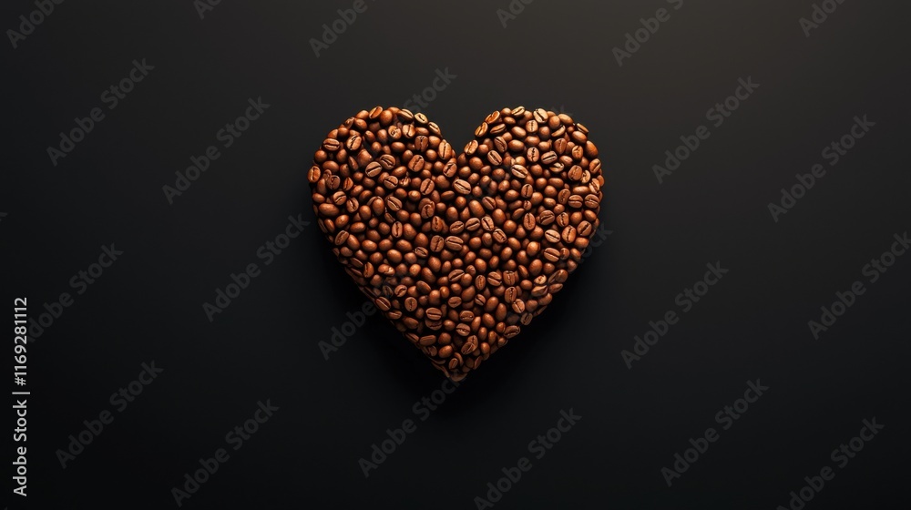 Coffee lover. Coffee beans arranged in a beautiful heart shape on black background. Festive card for Valentines Day. top view. flat lay. 3D illustration Coffee lover. Coffee beans arranged in a beautiful heart shape on black background. Festive card for Valentines Day. top view. flat lay. 3D illustration