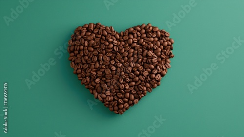 Coffee lover. Coffee beans arranged in a beautiful heart shape on green background. Festive card for Valentines Day. top view. flat lay. 3D illustration