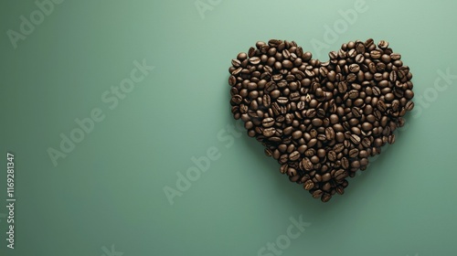 Coffee lover. Coffee beans arranged in a beautiful heart shape on green background. Festive card for Valentines Day. top view. flat lay. 3D illustration