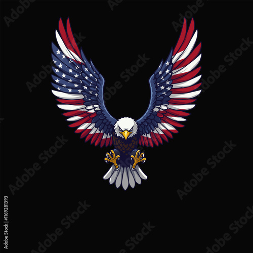 A bald eagle with wings displaying the American flag is depicted in mid-flight, symbolizing national pride and freedom.