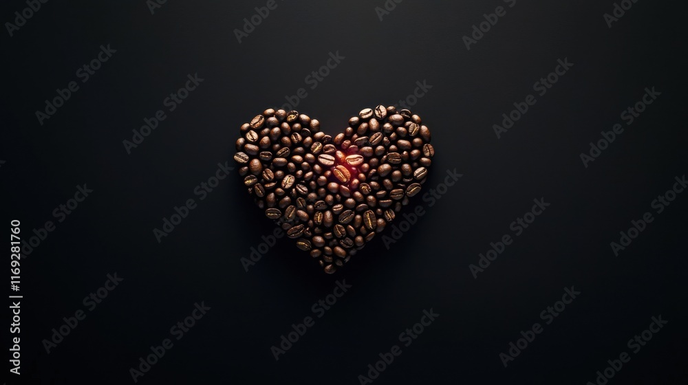 Coffee lover. Coffee beans arranged in a beautiful heart shape on black background. Festive card for Valentines Day. top view. flat lay. 3D illustration Coffee lover. Coffee beans arranged in a beautiful heart shape on black background. Festive card for Valentines Day. top view. flat lay. 3D illustration