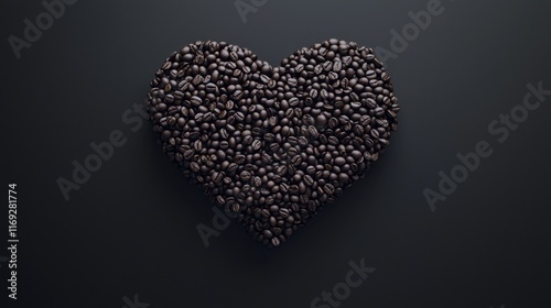 Coffee lover. Coffee beans arranged in a beautiful heart shape on black background. Festive card for Valentines Day. top view. flat lay. 3D illustration