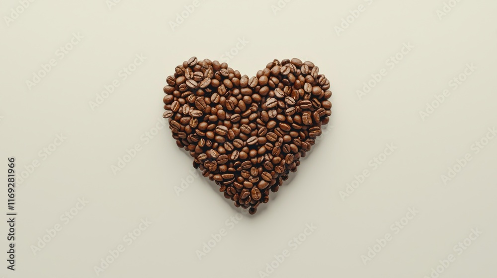 Coffee lover. Coffee beans arranged in a beautiful heart shape on white background. Festive card for Valentines Day. top view. flat lay. 3D illustration Coffee lover. Coffee beans arranged in a beautiful heart shape on white background. Festive card for Valentines Day. top view. flat lay. 3D illustration