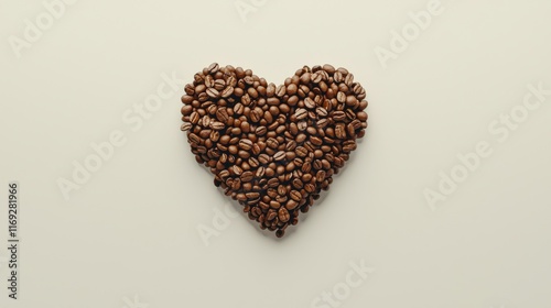 Coffee lover. Coffee beans arranged in a beautiful heart shape on white background. Festive card for Valentines Day. top view. flat lay. 3D illustration