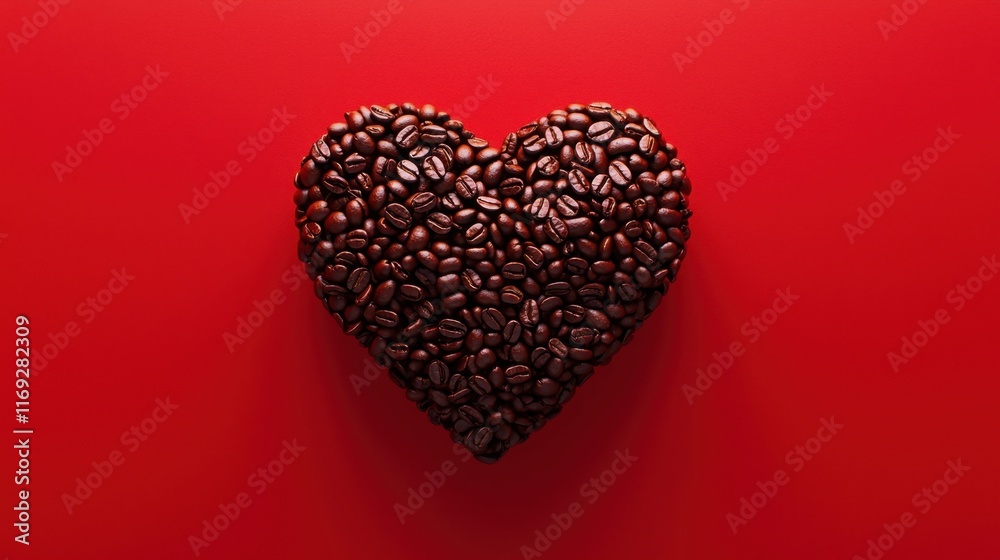 Coffee lover. Coffee beans arranged in a beautiful heart shape on red background. Festive card for Valentines Day. top view. flat lay. 3D illustration Coffee lover. Coffee beans arranged in a beautiful heart shape on red background. Festive card for Valentines Day. top view. flat lay. 3D illustration