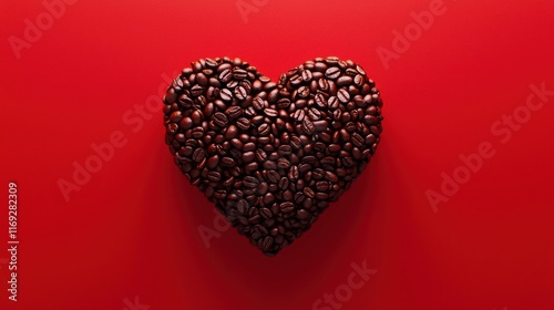 Coffee lover. Coffee beans arranged in a beautiful heart shape on red background. Festive card for Valentines Day. top view. flat lay. 3D illustration